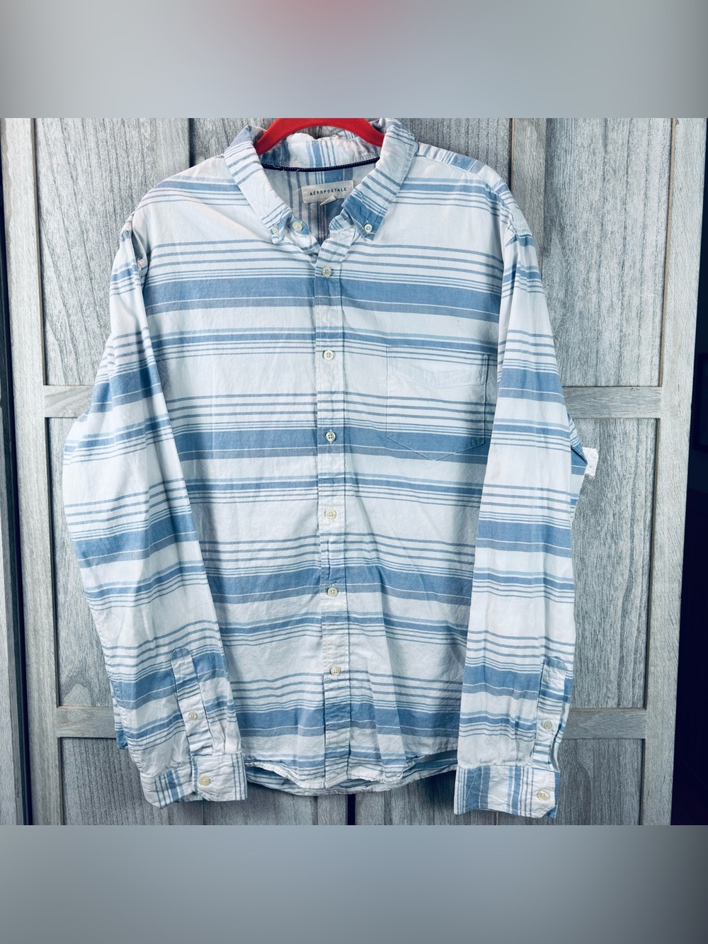 Aeropostale long-sleeve button-down shirt in white with blue and gray horizonta